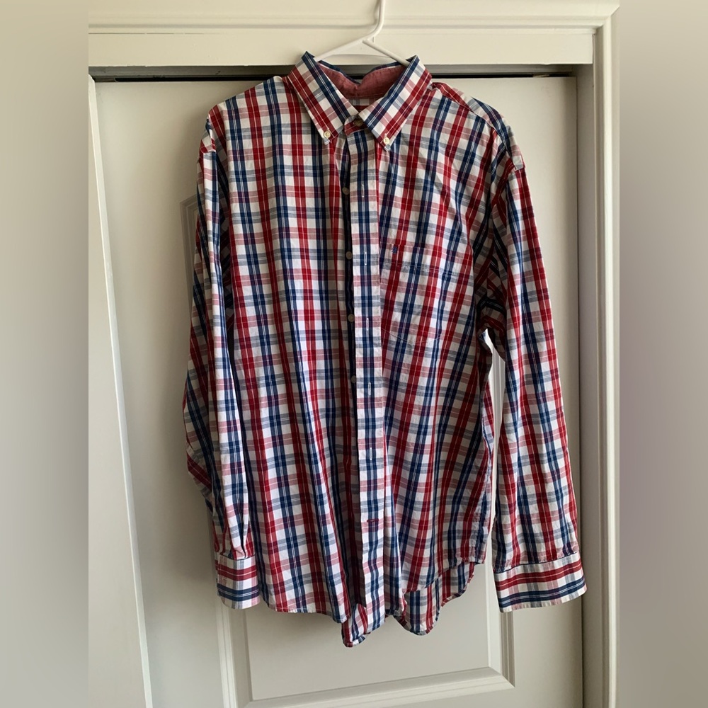 IZOD Men's Red and Blue Plaid Shirt Size XL